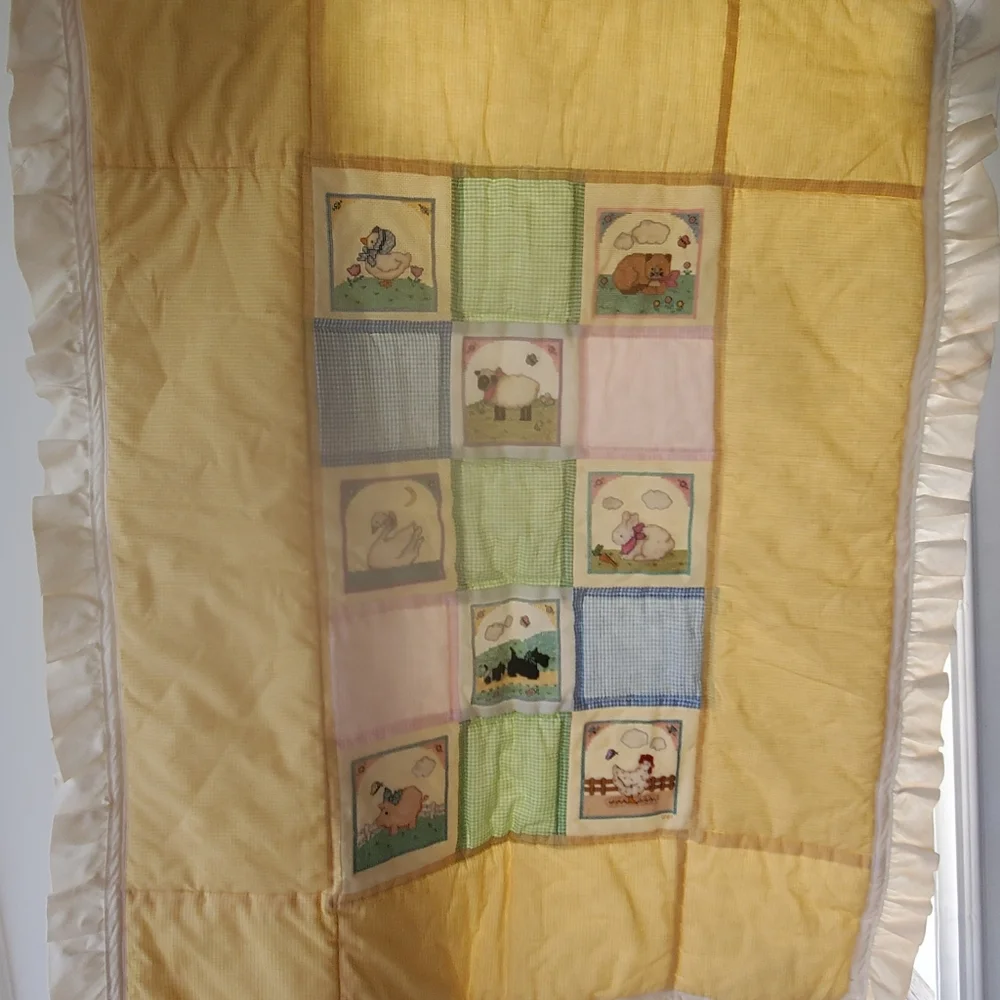 VTG Embroidered Baby Quilt 33x42 Cross Stitch 1980s Farm Animals Gingham Crib